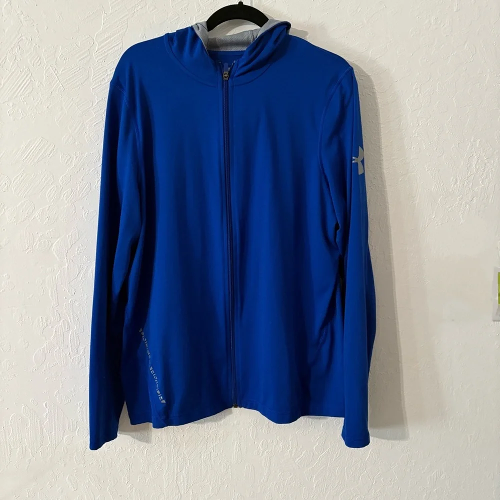 UNDER ARMOUR Jacket Top Mens Size L Blue Full Zip Loose Heat Gear‎ Hood Light